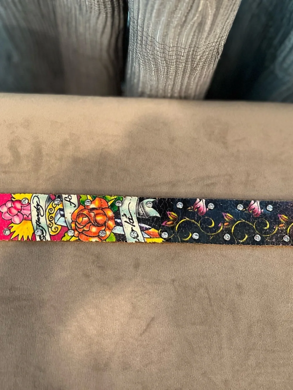 Ed Hardy Multicolored Floral Studded Leather Belt with Rhinestone Buckle Accent